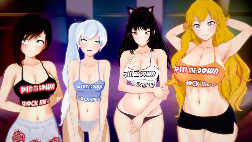 4girls blake_belladonna blonde_hair blush blushing cat_ears combatwombat facing_viewer female_only fuck-me_shirt impregnation_request knock_me_up_shirt koikatsu_(medium) large_breasts lingerie looking_at_viewer medium_breasts midriff multiple_girls pajamas pin-me-down_shirt ruby_rose rwby shirt team_rwby text text_on_clothing text_on_shirt weiss_schnee white_hair yang_xiao_long