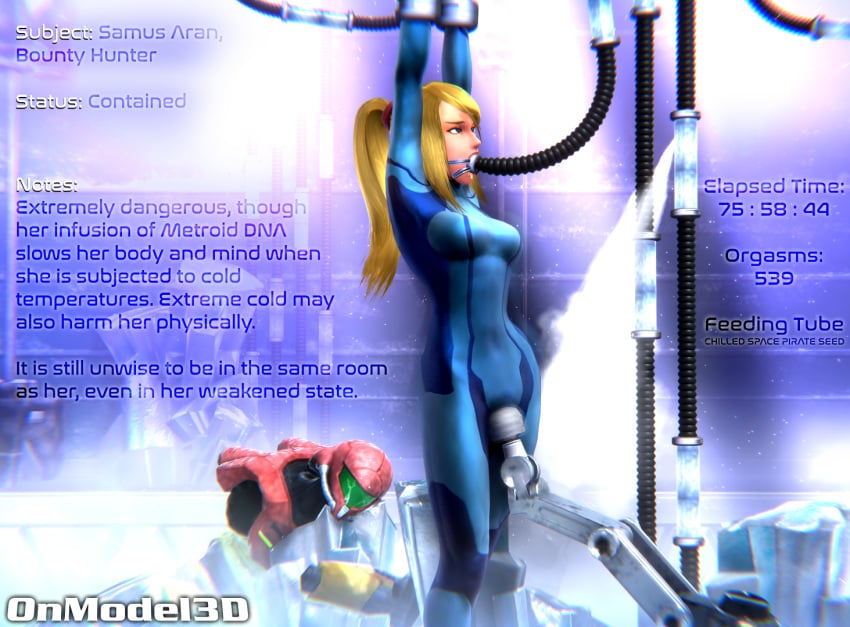 1girls 3d arms_above_head bad_end blonde_hair bodysuit bondage bound cold english_text feeding_tube female female_focus female_only female_protagonist femsub forced_orgasm fully_clothed gag hitachi_magic_wand ice imprisoned imprisonment mechanical_fixation metroid nintendo onmodel3d oral_insertion orgasm orgasm_counter orgasm_factory restrained samus_aran self_upload sex_toy solo stationary_restraints text vibrator zero_suit zero_suit_samus