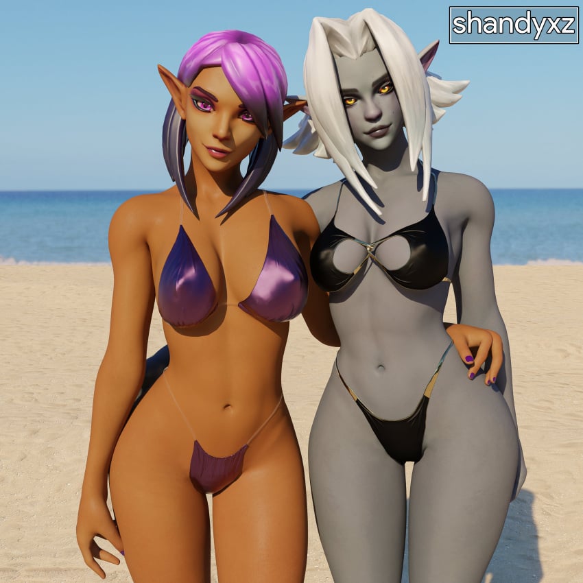 2021 2girls 3d beach belly_button big_breasts bikini bikini_bottom bikini_top black_bikini blender breasts cleavage cleavage_cutout clothed clothed_female elf elf_ears elf_female female female_only grey-skinned_female grey_skin highres looking_at_viewer multiple_girls paladins pointy_ears purple_bikini purple_eyes purple_hair saati_(paladins) shandyxz skye_(paladins) swimsuit thighs white_hair wide_hips yellow_eyes