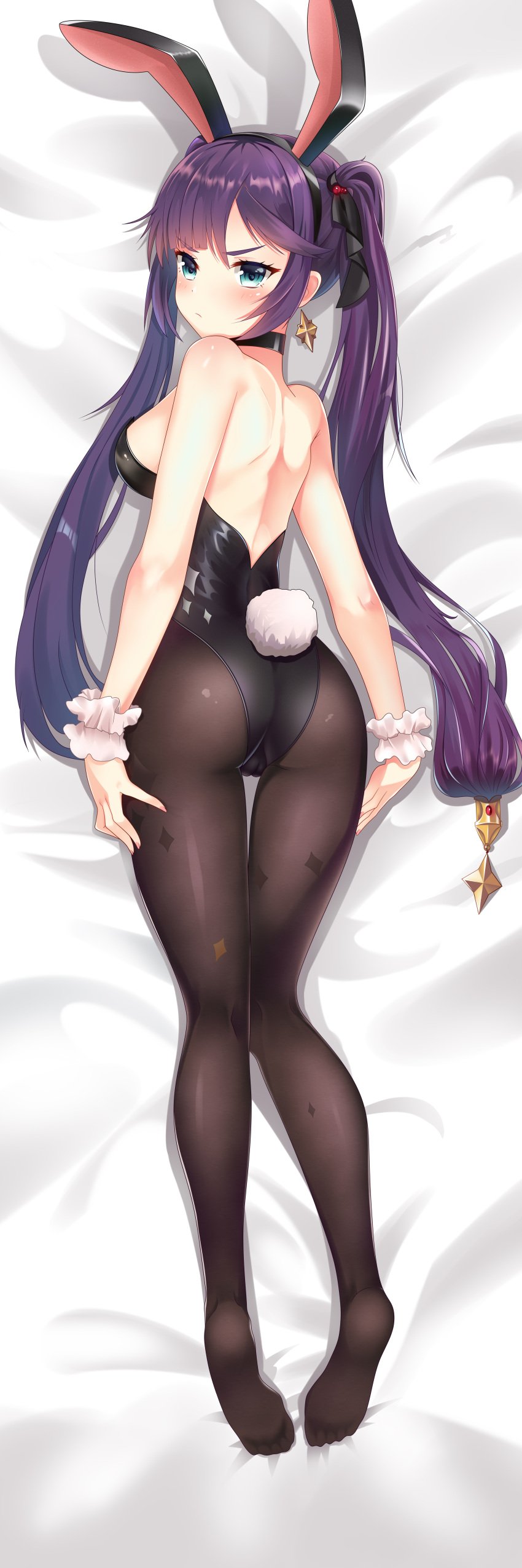 1girls animal_ears ass blue_eyes blush breasts bunny_ears bunny_tail bunnysuit cameltoe choker dakimakura dakimakura_design earrings fake_animal_ears fake_bunny_ears fake_rabbit_ears full-length_portrait full_body_view genshin_impact laying_down light-skinned_female light_skin long_hair looking_back lying_on_stomach mona_(genshin_impact) no_shoes pantyhose pigtails ponytails purple_hair sideboob solo solo_female solo_focus