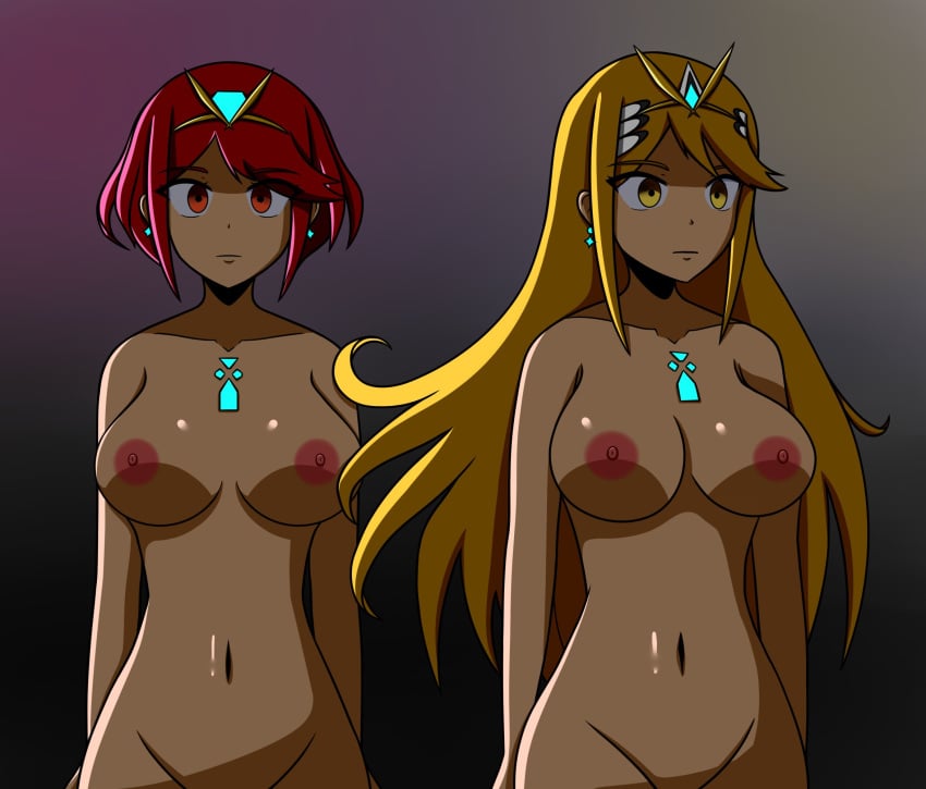 2girls areolae blonde_hair dual_persona green_eyes long_hair medium_breasts multiple_girls mythra naked nintendo nipples nude nude_female pyra red_eyes red_hair short_hair simple_background sortish-kinda tagme video_games xenoblade_(series) xenoblade_chronicles_2