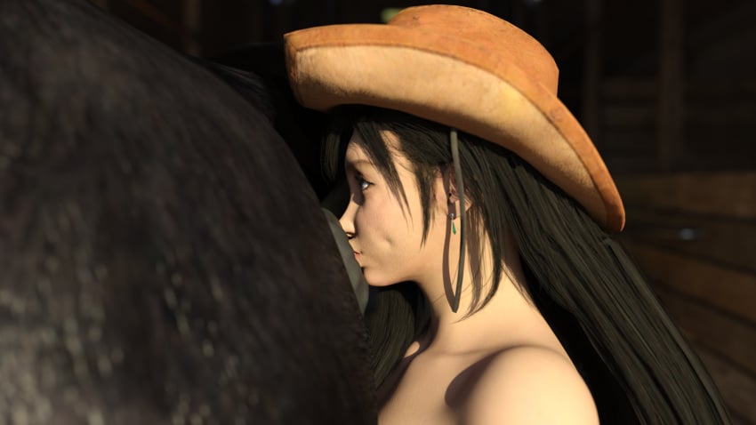 1boy 1girls 3d 3d_(artwork) anilingus barn beast_rimming black_hair cowboy_hat cowgirl cowgirl_hat cowgirl_outfit crisis_core_final_fantasy_vii curvaceous curvy female final_fantasy final_fantasy_vii hat highres horse huge_breasts human interspecies large_breasts long_hair male nude red_eyes square_enix tifa_lockhart tiltproofno zoophilia