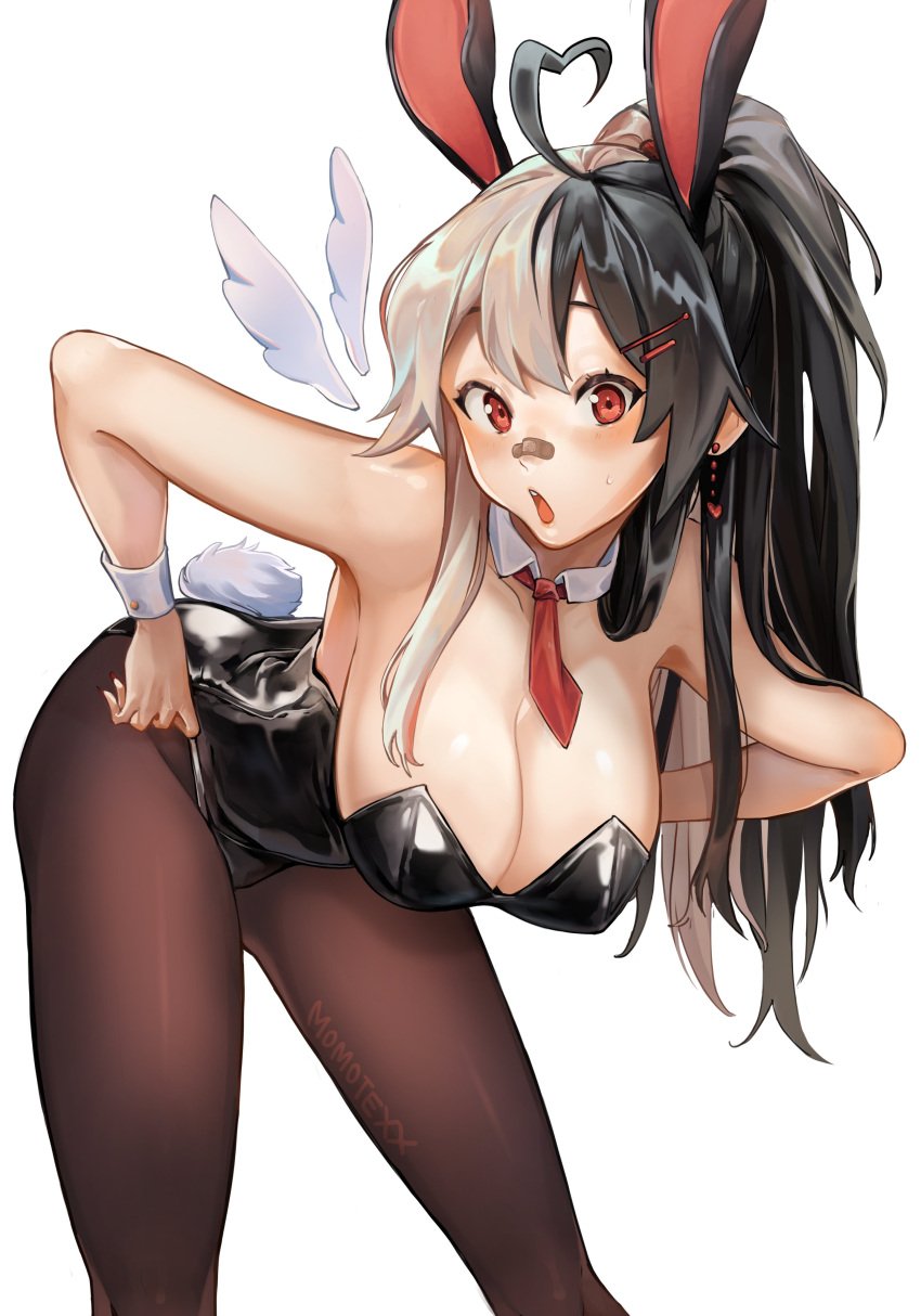 big_breasts black_hair bunnysuit fringe long_hair long_twintails momotexx_(artist) momotexx_(vtuber) multicolored_hair orange_eyes pale_skin petite red_eyes slim tagme two_tone_hair virtual_youtuber vyugen white_hair wings