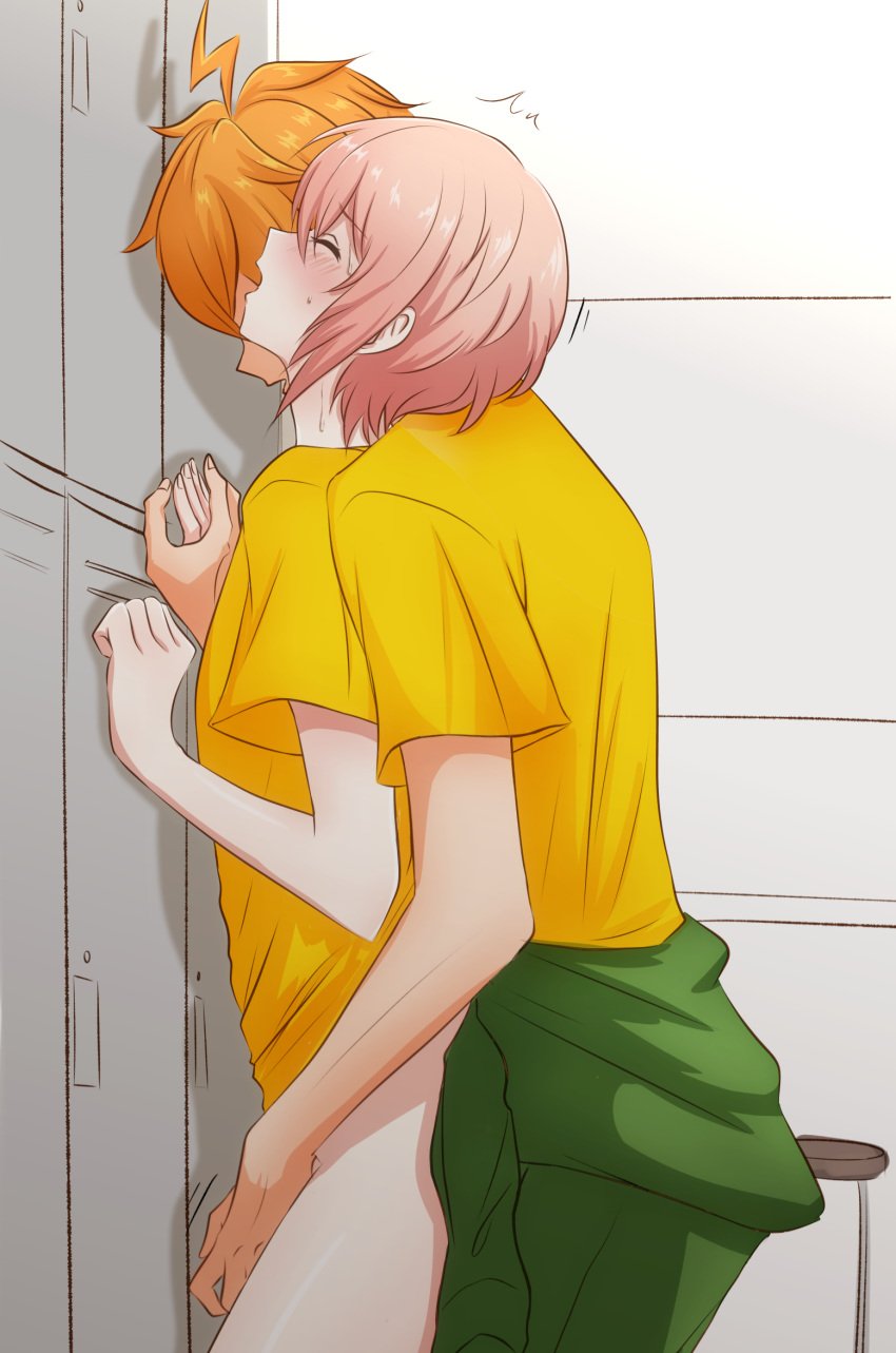 2boys anal blush clothed_sex cute femboy from_behind from_behind_position gay girly kaminoshima_fuuta locker_room male/male male_only open_mouth orange_hair pink_hair shaking shirt_only sweatdrop tagme wakakusa_aoi wall_sex yaoi