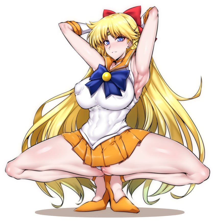 bishoujo_senshi_sailor_moon blonde_hair bow clothing crouching feet_together gggg hair_ribbon hands_behind_head heels large_breasts long_hair minako_aino sailor_venus skirt solo spread_legs squatting tagme thighs white_background