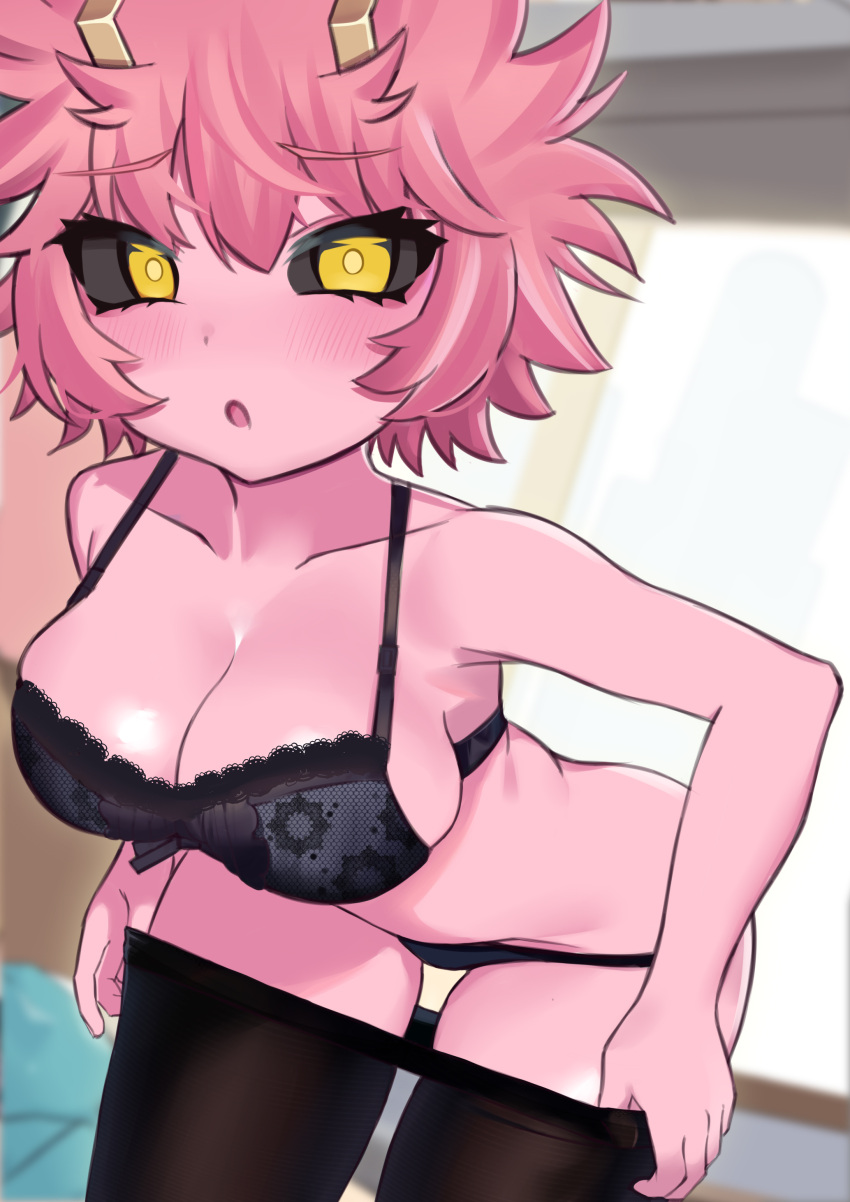 1girls black_bra black_lingerie black_panties black_sclera bra eye_contact female lingerie looking_at_viewer mina_ashido my_hero_academia nmi panties pantyhose pink_hair pink_skin short_hair solo thighs undressing walk-in yellow_eyes