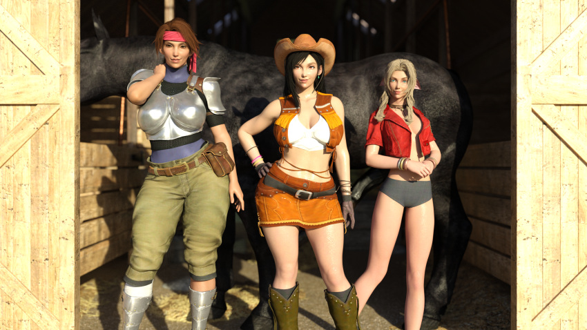 3d 3d_(artwork) 3girls aerith_gainsborough black_hair cowboy_hat cowgirl cowgirl_hat cowgirl_outfit curvaceous curvy final_fantasy final_fantasy_vii hat headband highres horse horse_penis horsecock huge_breasts human imminent_bestiality imminent_sex interspecies jessie_rasberry large_breasts long_hair red_eyes square_enix tifa_lockhart tiltproofno zoophilia