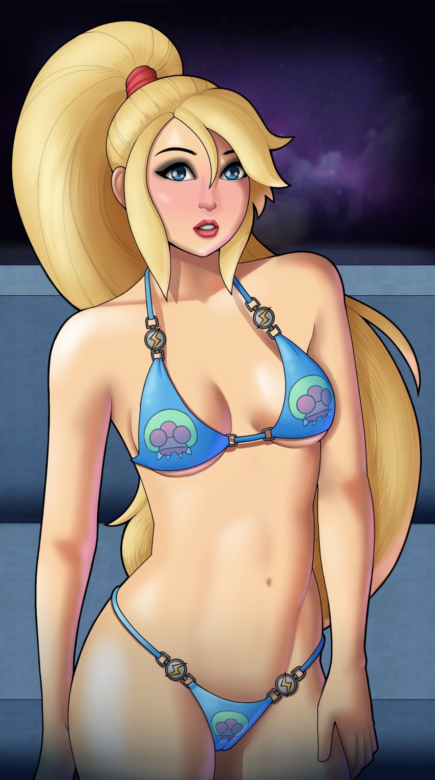 blonde_hair blue_eyes blush cameltoe female female_only fully_clothed metroid mwxxxart nintendo ponytail revealing_clothes samus_aran skimpy_bikini skimpy_clothes solo_female tagme