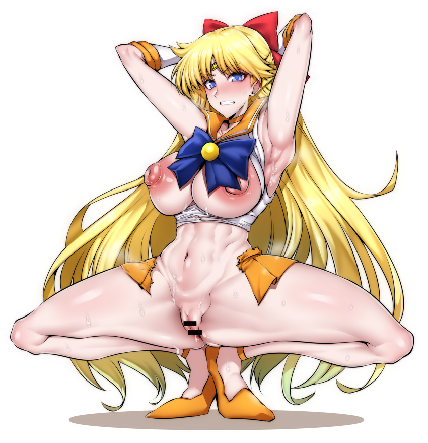 1girls bishoujo_senshi_sailor_moon blonde_hair blush bow breasts breasts_out censored clothing crouching feet_together female gggg hair_ribbon hands_behind_head heels large_breasts long_hair minako_aino pussy pussy_juice ripped_shirt sailor_venus skirt solo spread_legs squatting sweat tagme thighs torn_clothes white_background