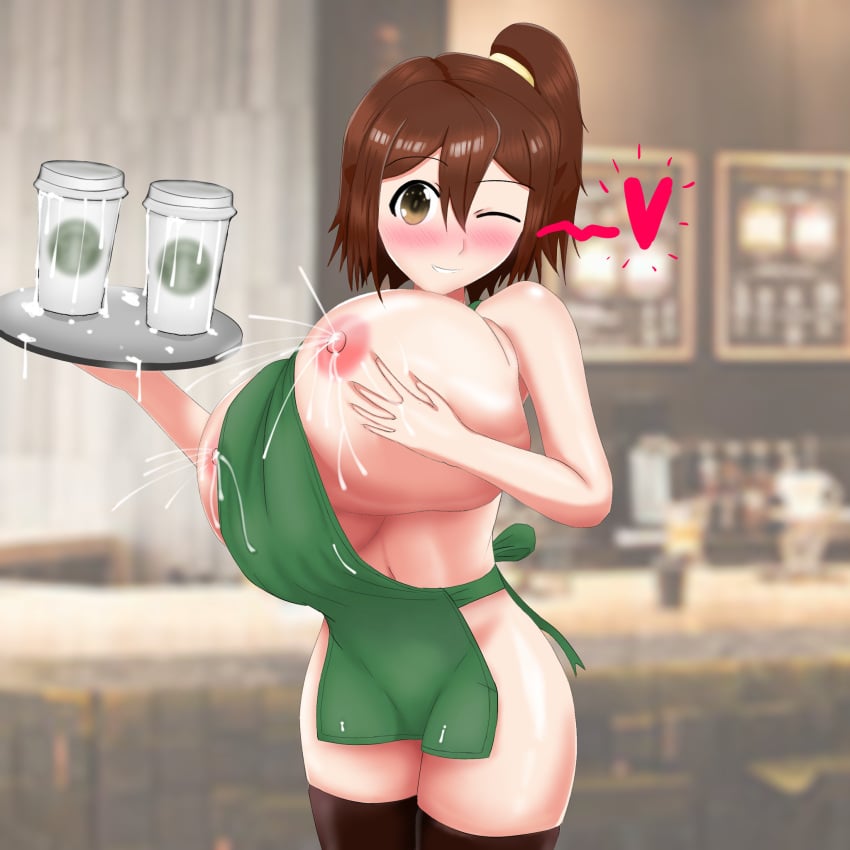 apron apron_only areolae big_breasts breasts busty female female_focus female_only hourglass_figure hrhtahto huge_breasts iced_latte_with_breast_milk idolmaster kasuga_mirai lactating lactation large_breasts meme nipples solo tagme wide_hips