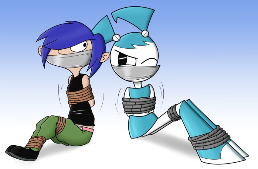 2d 2girls arms_behind_back blue_hair bondage bound bound_legs cartoon_network crossover ed_edd_n_eddy female fully_clothed gag gagged jenny_wakeman kanker_sisters marie_kanker multiple_girls my_life_as_a_teenage_robot nickelodeon nivek15 no_penetration no_sex robot robot_girl straight_hair tape_gag taped_mouth xj-9