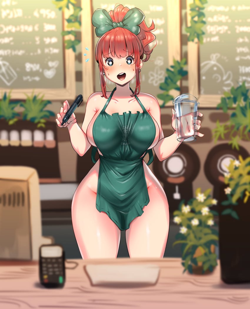 1girls 2021 apron apron_only barista blue_eyes blurry_background blush bow bow_in_hair breast_focus breasts embarrassed female female_focus female_only green_apron hi_res hips holding_object huge_breasts iced_latte_with_breast_milk indoors kenron_toqueen looking_at_viewer medium_hair meme naked_apron open_mouth original original_character ponytail red_hair slim_waist thick_thighs thighs tomatita visible_breath wide_hips