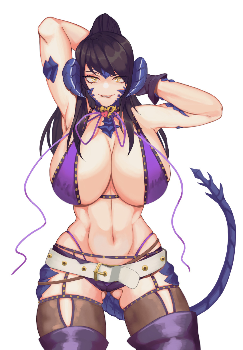 1girls 2021 armpits arms_up ass_visible_through_thighs au_ra bb_(swimsuit_mooncancer)_(fate)_(cosplay) belt bikini_top biting_lip black_hair black_shorts booty_shorts breasts choker cosplay fate/grand_order fate_(series) female female_only final_fantasy final_fantasy_xiv hi_res hips horns kkun88 large_breasts long_hair long_ponytail looking_at_viewer naughty_face ponytail purple_bikini_top sapphira_nyx scales short_shorts shorts simple_background slim_waist solo square_enix suggestive_look tail thigh_boots thighhighs thighs white_background wide_hips xaela yellow_eyes