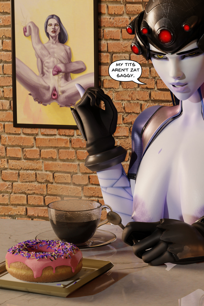 1girls 3d blender blizzard_entertainment caption clothed english_text female female_only leta long_breasts looking_at_viewer nude overwatch pinup purple_skin sagging_breasts solo solo_female speech_bubble widowmaker