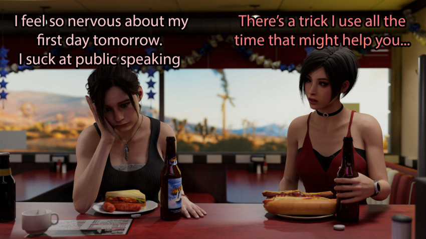 2girls 3d ada_wong ada_wong_(adriana) blender capcom caption claire_redfield dialogue eating english_text female female_only food fully_clothed light-skinned_female pinup resident_evil resident_evil_2 resident_evil_2_remake sad sad_face speech_bubble talking talking_to_another text tunnofun