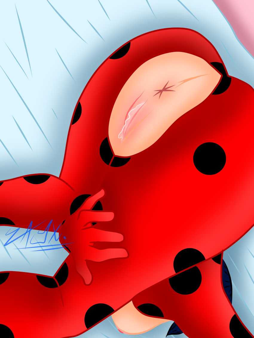 anus bed bed_sheet blue_hair exposed_anus exposed_breasts exposed_pussy ladybug_(character) marinette_cheng marinette_dupain-cheng miraculous_ladybug pussy ripped_clothing selfie twintails vagina vaginal_juices wet_pussy zayx