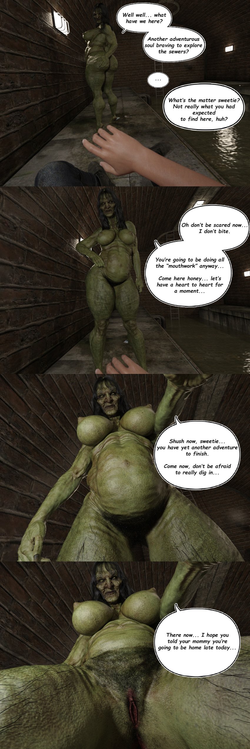 3d ass big_ass big_breasts big_butt breasts brown_hair bubble_butt comic comic_page cougar cunnilingus daz_studio english english_text full_comic gilf green_skin grotesque hairy hairy_butt hairy_legs hairy_pussy hairy_vagina horror mature mature_female milf misuzalha3d monster monster_girl olga_(misuzalha3d) pov pussy speech_bubble suggestive taker_pov ugly vagina witch