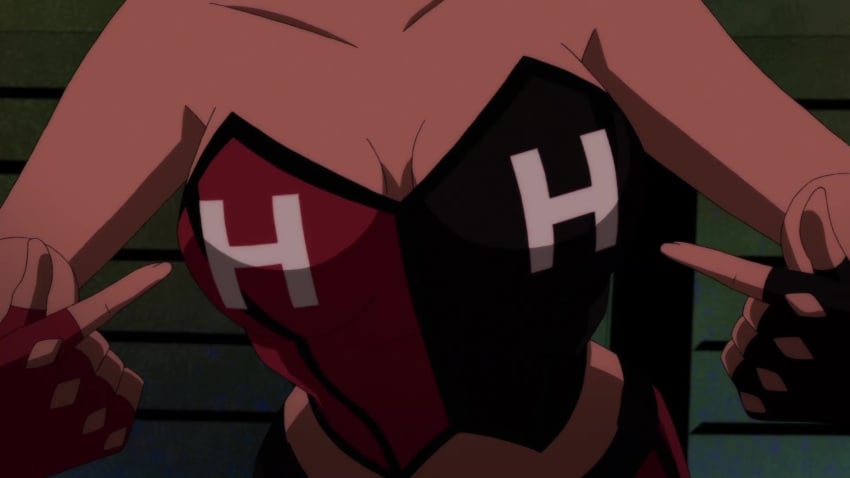 1girls adult_swim batman_(series) bending_forward bending_over breasts cleavage close-up dc_comics dcuaom fanservice female female_focus female_only harley_quinn injustice_(film) leaning_forward leaning_over medium_breasts official_art pointing_at_self screenshot solo supervillainess toonami