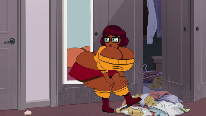 1girls accurate_art_style ass_cleavage ass_expansion big_lips breast_expansion butt_crack cleavage croc338 edit glasses huge_ass huge_breasts massive_ass massive_breasts mirror scooby-doo screenshot screenshot_edit skirt sweater thick_thighs velma_(series) velma_dinkley velma_dinkley_(velma)