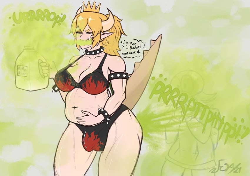 abs belly belly_bulge big_belly bikini blonde_hair bowsette bulge burp burping fart fart_cloud fart_fetish farting futanari hand_on_belly lactose_intolerance mario_(series) musclegut muscular new_super_mario_bros._u_deluxe open_mouth pointy_ears snobbyfoxy