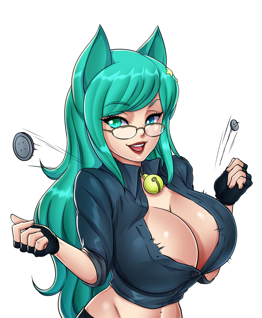 1girls absurdres animal_ears bell bell_collar big_breasts blue_eyes breasts bursting_breasts collar collared_shirt davyonmartz eyelashes female fingerless_gloves flying_button glasses gloves green_eyes green_hair hair_ornament highres jingle_bell large_breasts lipstick long_hair looking_at_viewer makeup midriff open_clothes open_mouth open_shirt original popped_button simple_background smile solo star_hair_ornament