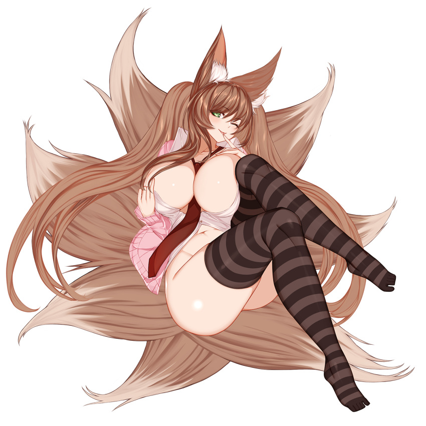 1girls animal_ears between_breasts blush bottomless breasts brown_hair collared_shirt esg_(essagna) female female_only fox_ears fox_tail green_eyes highres knees_up large_breasts looking_at_viewer multi_tail multiple_tails necktie necktie_between_breasts no_bra open_clothes open_shirt original plushmallow smile solo striped striped_legwear tail thighhighs tongue_out twintails very_long_hair wink