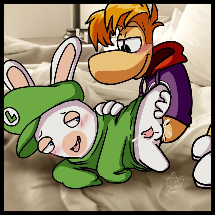 blue_eyes clothed crossover cum cum_inside gay hat luigi_(cosplay) male_only male_penetrating mario_(series) mario_+_rabbids mario_+_rabbids:_kingdom_battle rabbid rabbid_luigi raving_rabbids rayman rayman_(series)