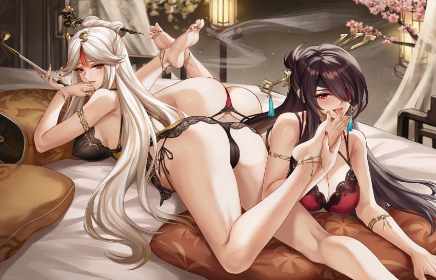 2girls anklet bangs bare_legs barefoot beidou_(genshin_impact) breasts brown_hair commentary_request dress eyebrows_visible_through_hair eyepatch feet feet_up foot_worship fur_trim genshin_impact gloves hair_ornament hair_over_one_eye hair_stick highres holding holding_another's_foot holding_pipe indoors jewelry kacyu kiseru large_breasts leg_tattoo licking licking_foot lingerie long_hair looking_at_viewer lying multiple_girls nail_polish naughty_face ningguang_(genshin_impact) on_bed on_stomach parted_bangs parted_lips pink_nails pipe red_eyes red_nails tattoo toe_ring toenails toes tongue tongue_out underwear very_long_hair white_hair yuri