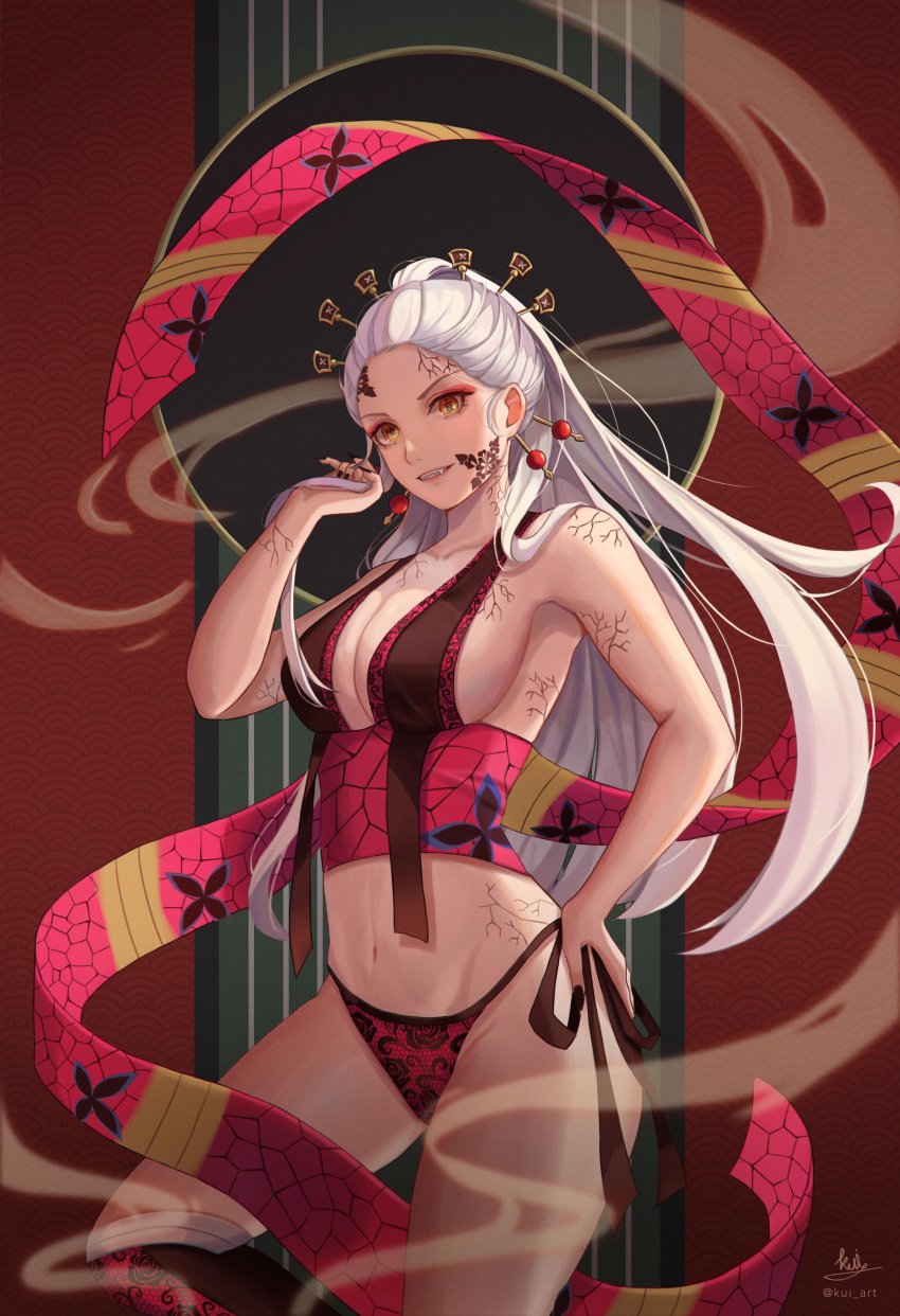 big_breasts black_nails cleavage daki_(kimetsu_no_yaiba) demon_horns demon_slayer eyeshadow facial_markings fangs female female_only hair_ornament hand_on_hip japanese_clothes kimetsu_no_yaiba kui_art lingerie long_hair looking_at_viewer makeup obi revealing_clothes sharp_fingernails side-tie_panties sideboob skimpy_clothes smile solo unusual_pupils veins white_hair yellow_eyes