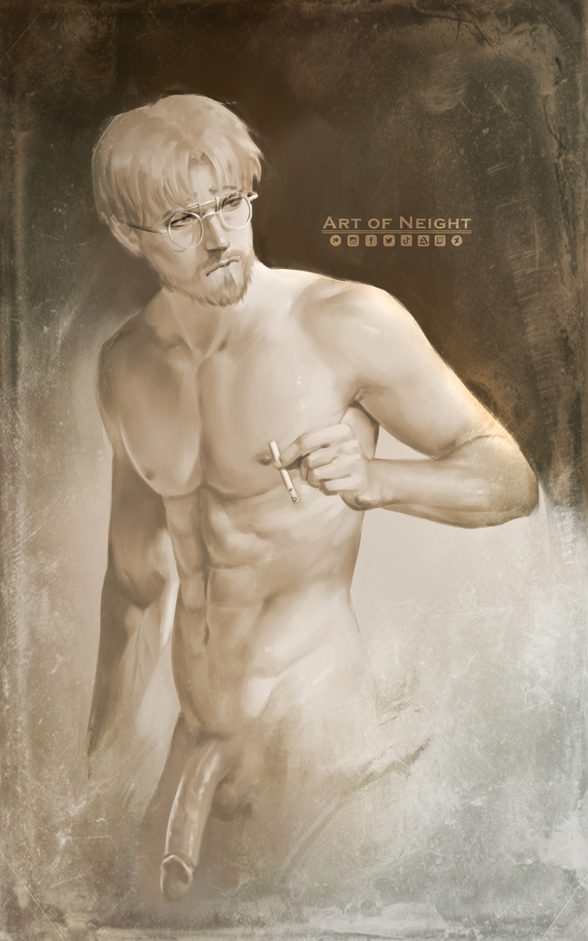 1boy attack_on_titan biting_lip biting_lip cigarette genitals glasses male male_focus male_only neight no_underwear nude nude_male penis shingeki_no_kyojin shirtless solo solo_focus solo_male standing zeke_jaeger