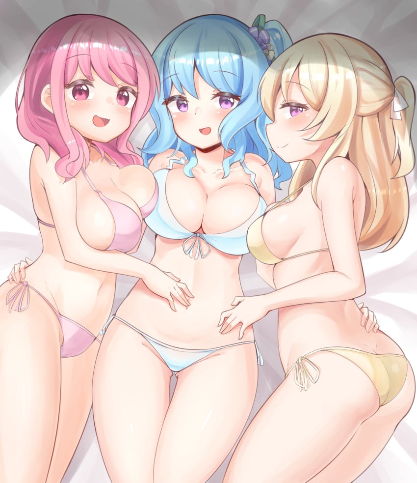 3girls :d ass ass_cleavage bang_dream! bangs bare_legs bare_shoulders bed_sheet bikini blonde_hair blue_bikini blue_hair blush breast_press breasts butt_crack cleavage closed_mouth collarbone cowboy_shot dimples_of_venus eyebrows_visible_through_hair flower front-tie_bikini front-tie_top gluteal_fold groin hair_flower hair_ornament hair_ribbon half_updo hand_on_another's_stomach hand_on_another's_waist highres hug large_breasts long_hair looking_at_viewer lowleg lowleg_bikini lying maruyama_aya matsubara_kanon medium_breasts medium_hair multiple_girls navel on_back on_side one_side_up open_mouth pink_bikini pink_eyes pink_hair purple_eyes ribbon rustysalmon shirasagi_chisato short_ponytail side-tie_bikini sideboob sidelocks smile stomach strap_gap swimsuit thigh_gap thighs waist_hug white_ribbon yellow_bikini