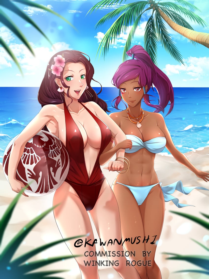 2girls abs absurdres alternate_costume alternate_hairstyle ball bare_shoulders beach beachball bikini blue_bikini blue_swimsuit breasts brown_eyes brown_hair cleavage dark-skinned_female dark_skin dorothea_arnault earrings facial_mark female_only fire_emblem fire_emblem:_three_houses green_eyes highres jewelry kawanmushi large_breasts locked_arms long_hair medium_breasts medium_hair multiple_girls necklace nintendo ocean one-piece_swimsuit petra_macneary ponytail purple_hair red_one-piece_swimsuit red_swimsuit sand shell sideboob slingshot_swimsuit smile strapless strapless_bikini strapless_swimsuit swimsuit