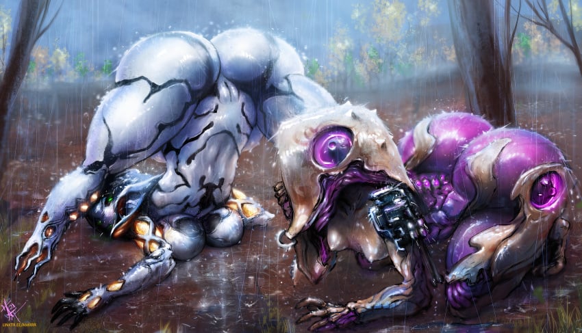 2d 2d_(artwork) 2d_artwork 2girls amrrr ass bent_over bottom_heavy breasts erect_nipples huge_ass ivara_(warframe) jack-o_pose large_ass multiple_girls outdoors outside pussy rain raining small_breasts tagme tree warframe wet wisp_(warframe)