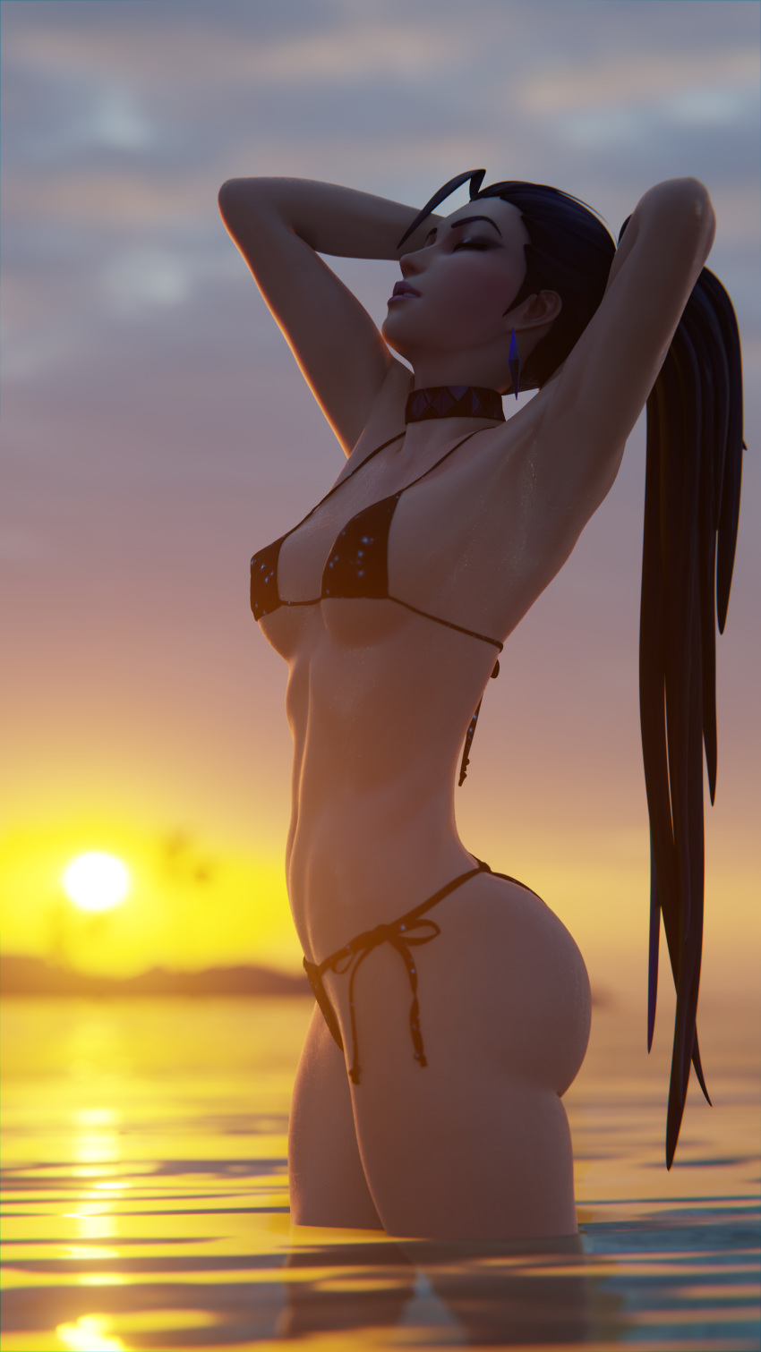 1girls 3d 3d_(artwork) abs absurd_res alternate_version_available armpits athletic_female bikini bikini_bottom bikini_top black_hair bubble_butt choker closed_eyes earrings female female_focus female_only hi_res k/da_all_out_kai'sa k/da_all_out_series kai'sa league_of_legends long_hair lynya medium_breasts nipple_bulge ponytail riot_games sea shiny_skin side-tie_bikini solo solo_female solo_focus swimsuit swimwear toned_female underboob water wet wet_skin