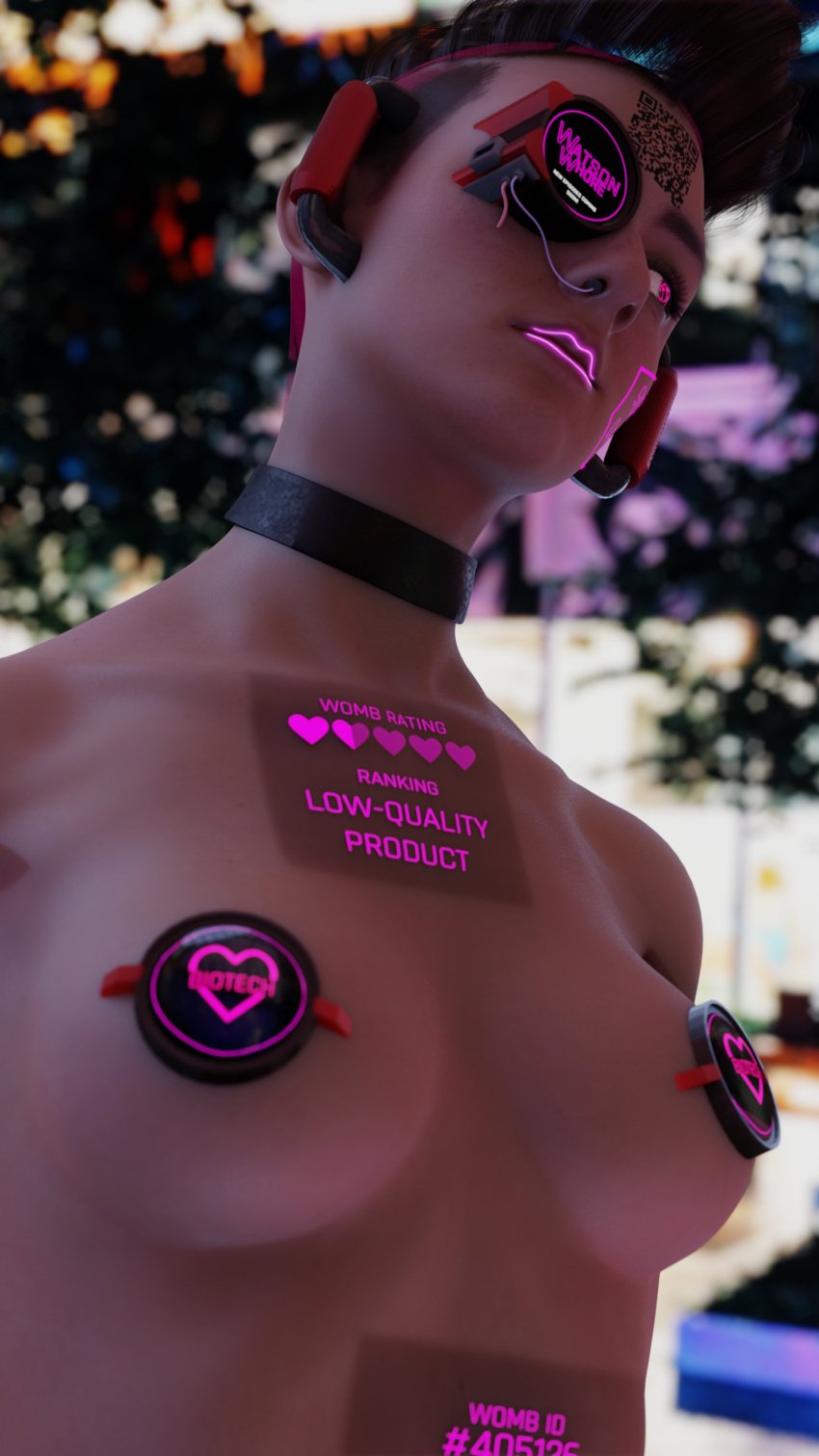 1440p 3d 3d_(artwork) augmentation blender_(software) blurred_background blurry_background body_modification body_writing branding casual_exposure casual_nudity cybernetics cyberpunk cyberpunk_2077 cyborg english_text exposed exposed_breasts exposed_pussy female female_focus female_only glowing_eyes glowing_lips glowing_nipples looking_away looking_away_from_viewer naked portrait prostitute prostitution rachel_casich text undercut weirdosfm