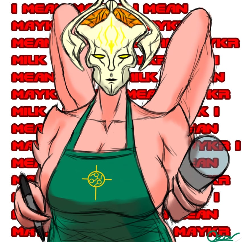 apron breasts datonestarfox2 doom green_apron iced_latte_with_breast_milk khan_maykr large_breasts maykr meme multi_arm multi_limb naked_apron pink_skin sketch starbucks