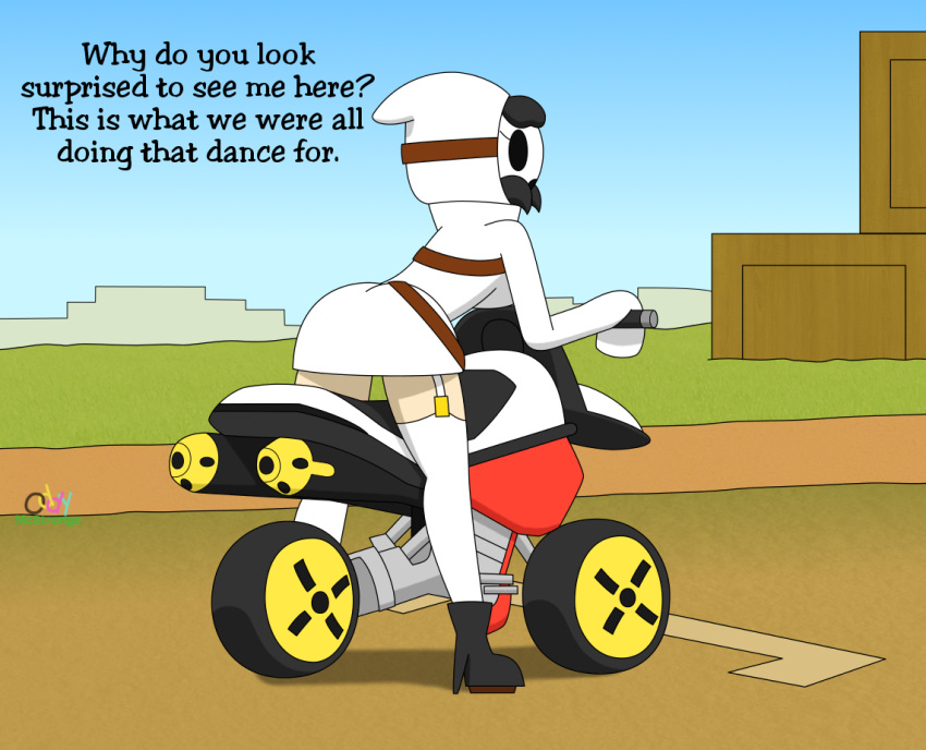 belt bent_over bike biker comedy desert dialogue high_heel_boots hoodie long_sleeves mario_(series) mario_kart mask motorcycle oddymcstrange race_track shy_gal stockings wheels