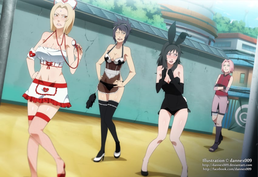 4girls angry annoyed arm_gloves black_hair black_socks blonde_hair brown_eyes bunny_girl bunnysuit busty cleavage clothed_female cosplay costume curvaceous dannex009 duster embarrassed fake_animal_ears female female_only footwear frilled_socks green_eyes hairband haruno_sakura heels high_heels holding_object humiliated kurenai_yuhi legwear lingerie maid maid_uniform midriff mitarashi_anko multiple_girls naruto naruto_(series) naruto_shippuden no_bra nurse nurse_cap nurse_uniform older_female one_eye_closed outfit outside panties parade pink_eyes public_humiliation purple_hair red_eyes red_socks revealing_clothes ribbon sakura_haruno smile smirk socks stethoscope stockings street teacher_and_student thigh_socks thighhighs tsunade village walking wide_hips younger_female yuuhi_kurenai