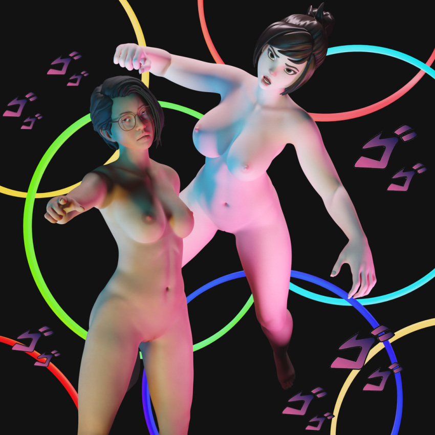 2girls 3d alex_chen angry_face breasts crossover eyewear female female_only french_nails gretdb human jojo_reference life_is_strange life_is_strange:_true_colors light-skinned_female mei_(overwatch) multiple_girls nude_female overwatch pointing_at_viewer posing stand standing thick_thighs