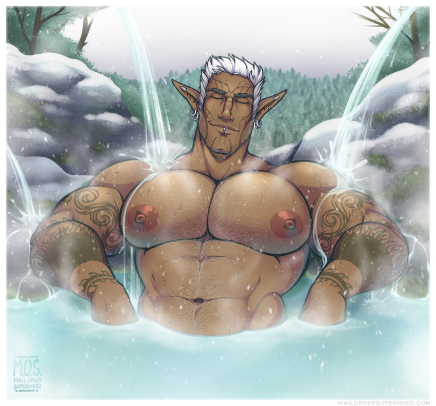 1boy abs arm_tattoo bara bara_tiddies bara_tits beefcake big_areola big_muscles big_nipples big_pecs ceran ceran_lynch closed_eyes dark-skinned_male ear_clip earrings elf elf_ears face_tattoo facial_hair hairy_abs hairy_chest hot_spring huge_biceps huge_pecs large_pectorals lip_ring mail_order_superhero male male_chest male_focus male_nipples male_only man_boobs manboobs massive_pecs moobs muscle muscles muscular muscular_abs muscular_male muscular_pecs nipples nude nude_male partially_submerged pecs pectorals pointed_ears pointy_ears relaxing shirtless_(male) smile smiling solo solo_focus solo_male steam tattoo tattoos topless_male waterfall wet_body wet_skin white_hair