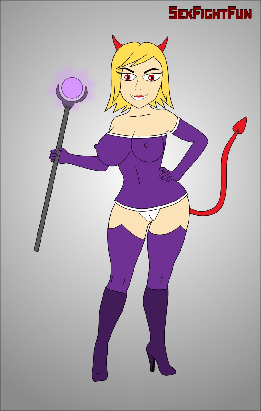 blonde_hair boots cameltoe clothed demon demon_girl erect_nipples evil female happy_female horny_female mary_lee_walsh panties purple_stockings pussy red_eyes sexfightfun sonichu stockings tail violet_clothing white_panties