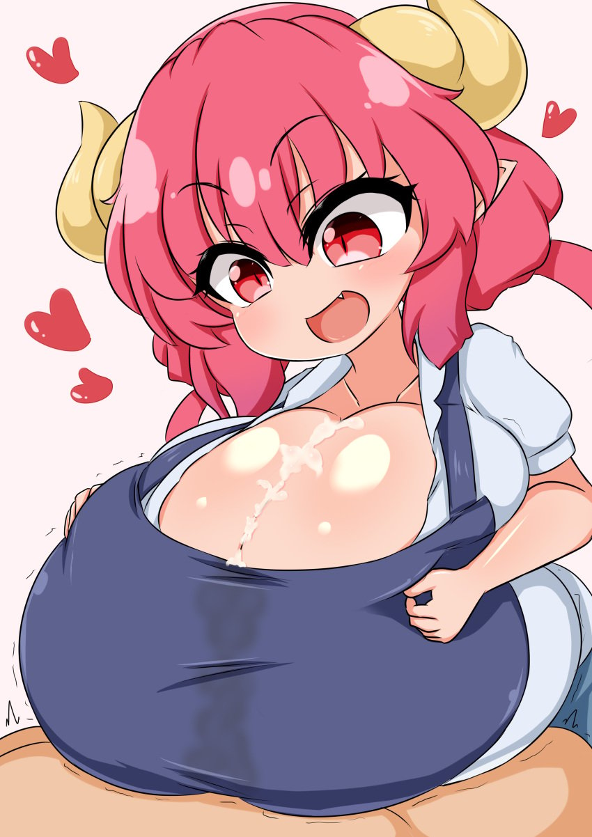 1boy 1girls big_breasts blush breasts covered_paizuri cum cum_between_breasts female hearts horns huge_breasts ilulu_(dragon_maid) miss_kobayashi's_dragon_maid monster_girl moyashi_udon paizuri pointy_ears red_eyes red_hair shortstack smaller_female