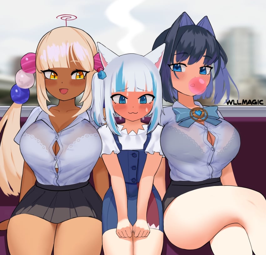 2021 3girls ;3 @_@ ahoge animal_ears ara_ara artist_name bare_arms big_breasts black_bra black_hair blue_eyes blue_hair blush bra bra_through_clothes bra_visible_through_clothes breasts bubble_blowing bubblegum button_gap cat_ears catgirl cleavage clothed clothing crossed_legs dark-skinned_female dark_skin dress eyebrows_visible_through_hair female female_focus female_only frills full-face_blush gawr_gura gawr_gura_(casual) gyaru hair_bobbles highres hololive hololive_english hololive_english_-council- hololive_english_-promise- hololive_myth indoors kemonomimi_mode large_breasts lingerie long_hair long_twintails looking_at_another looking_down meme multicolored_hair multiple_girls open_mouth ouro_kronii overall_skirt overalls platinum_blonde_hair pleated_skirt sandwiched see-through see-through_clothing shark_girl short_hair side_ponytail signature sitting skirt smaller_female smile sweat thick_thighs thighs tied_hair tongue train_interior tsukumo_sana twintails two_tone_hair underwear v_arms virtual_youtuber white_bra white_hair wllmagic yellow_eyes yuri