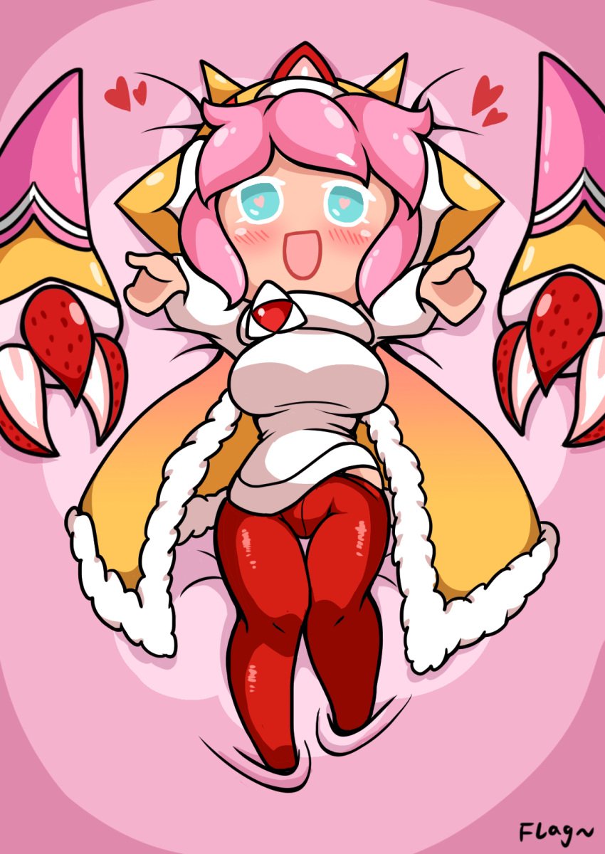 big_breasts cape cookie_run flag_(artist) genderswap heart-shaped_pupils lying red_pants rule_63 strawberry_crepe_cookie