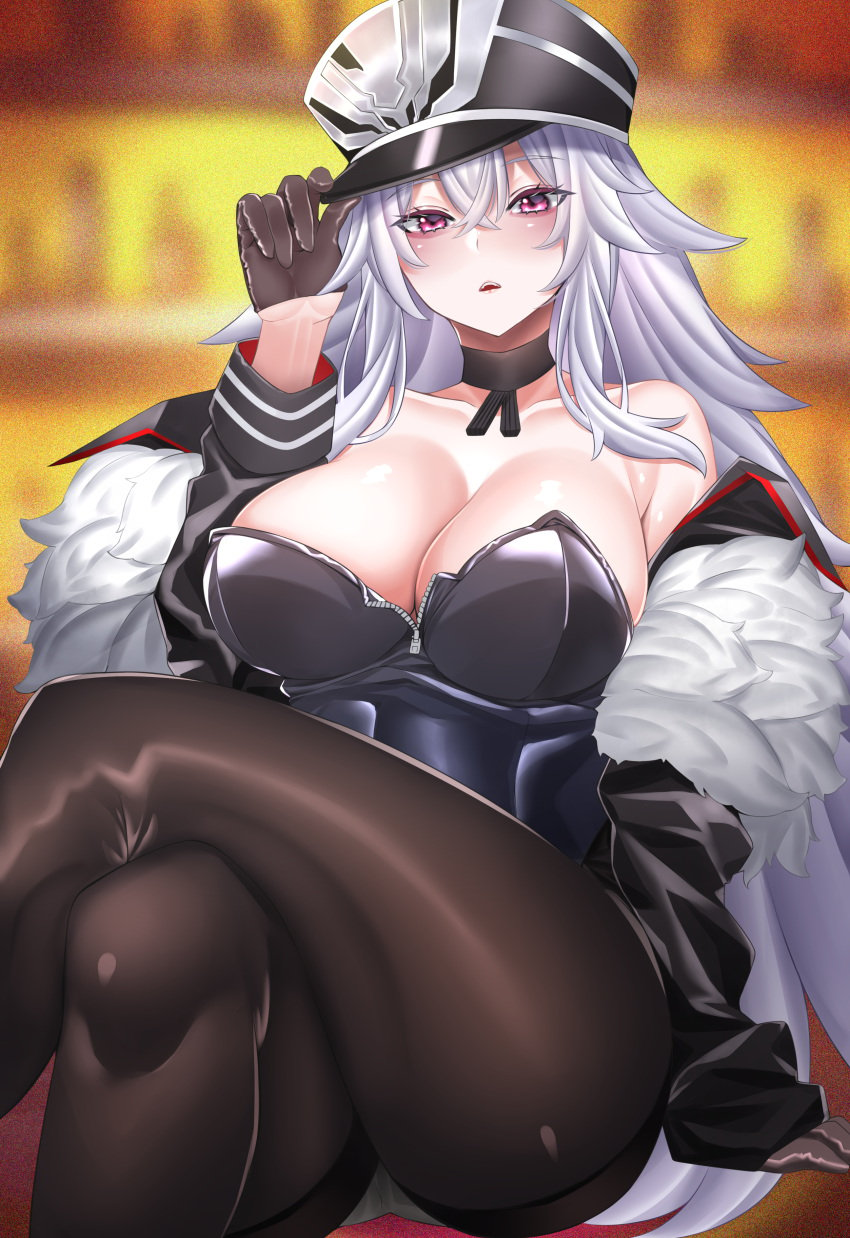 1girls 2020 absurdres adjusting_clothes adjusting_headwear arm_support azur_lane bangs bare_shoulders black_choker black_gloves black_legwear blush breasts choker cleavage collarbone crossed_legs eyebrows_visible_through_hair feet_out_of_frame female female_focus female_only fur_trim gloves graf_zeppelin_(azur_lane) hair_between_eyes hand_up hat highres keishi_surota large_breasts leotard long_hair long_sleeves looking_at_viewer military_hat off_shoulder open_mouth pantyhose peaked_cap red_eyes silver_hair sitting solo solo_female solo_focus thighs very_long_hair