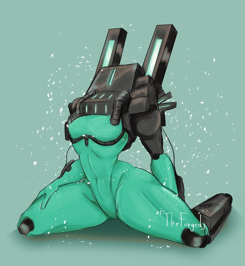 armor armored_boots blue_glow enemy green_glow green_skin hips mindflayer_(ultrakill) no_feet particles robot robot_girl teal_skin thighs ultrakill video_game_character video_games wide_hips