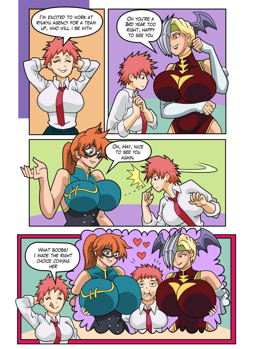 3girls adult aged_up art-2u big_breasts blonde_hair domino_mask english_text female female_only groping haya_yuuyu hero_outfit_(mha) itsuka_kendou kendou_itsuka multiple_girls my_hero_academia orange_hair ryuukyuu speech_bubble tatsuma_ryuuko text yuri yuyu_haya