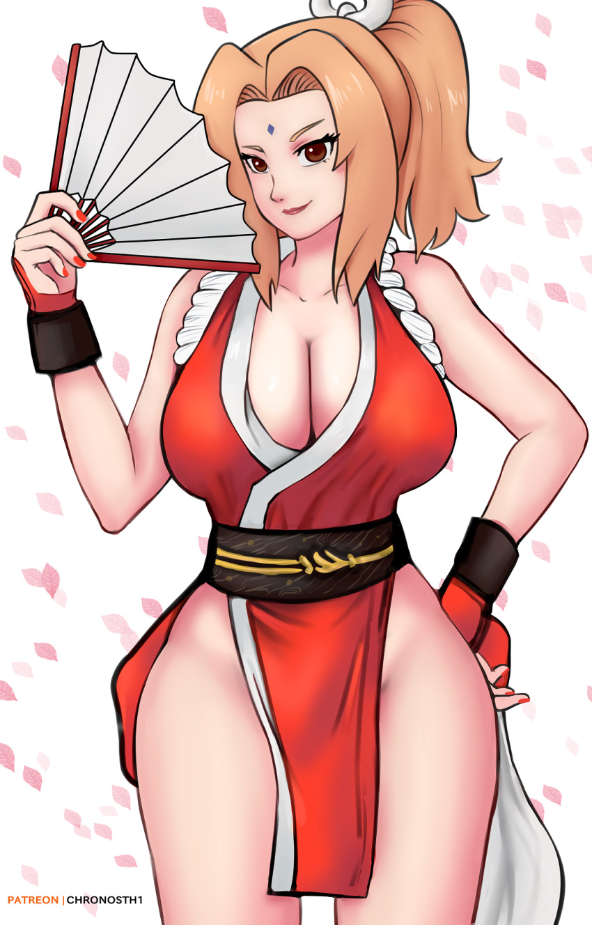 1girls alternate_hairstyle bare_shoulders big_breasts blonde_hair breasts brown_hair center_opening cherry_blossoms chronosth1 clothed_female cosplay costume fan fanning fanning_self fatal_fury folding_fan forehead_mark gloves gummslime holding_object huge_breasts kimono king_of_fighters kunoichi mai_shiranui_(cosplay) mature mature_female nail_polish naruto naruto_(series) naruto_shippuden ninja no_underwear petals ponytail revealing_clothes short_kimono shounen_jump snk solo solo_focus thick_thighs thunder_thighs tied_hair tsunade