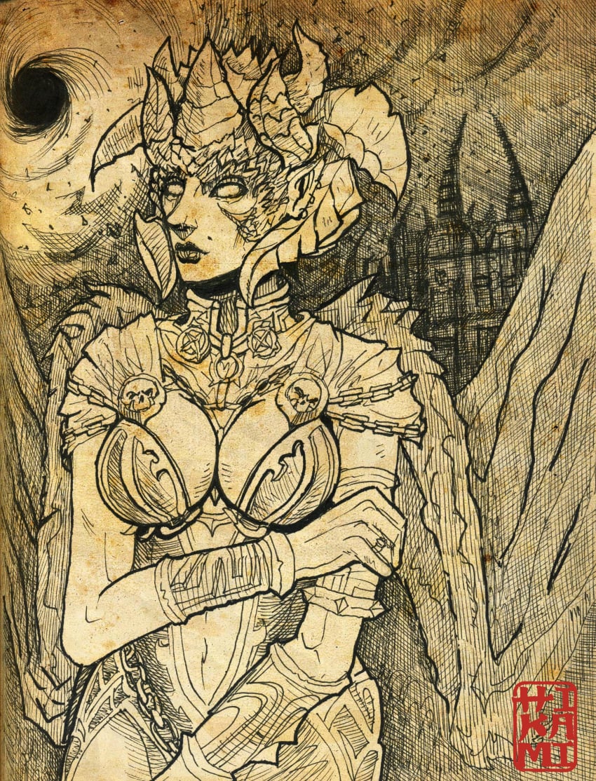 big_breasts blackhole breasts cleavage clothed darksiders demon demon_girl demon_horns demon_lord demon_milf demon_tail demon_wings demoness detailed_background drawn lilith_(darksiders) midriff milf sketch skimpy skimpy_clothes skimpy_dress