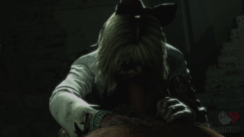 3d blonde_hair blood blowjob bow clothed_female_nude_male ecto-luvr female female_focus hairy horror male/female monster monster_girl oral partially_clothed resident_evil sfm zombie zombie_girl